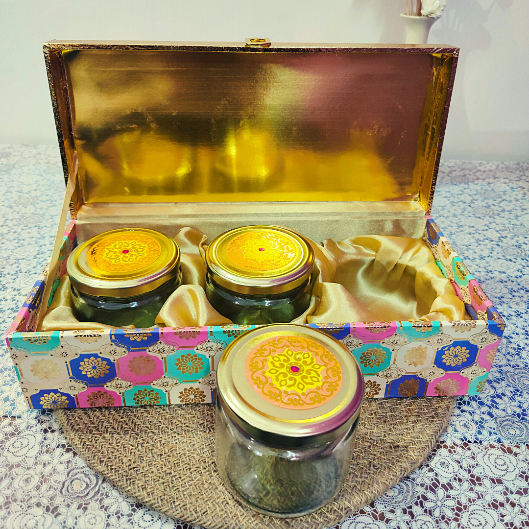Homefrills Rectangle Designer, Decorative, Handicraft Empty Dry Fruit Gift Box/Marriage Gift Box/Sweets Box/Gift Box, Supari Box (3 Glass jars with 1 outer Box)